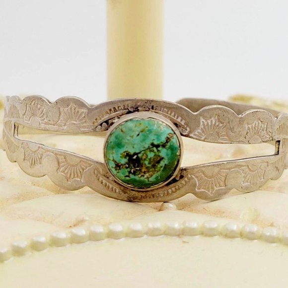 Vintage Turquoise Silver Bracelet, Harvey Era Cuff, Coin Silver Native American - Picture 1 of 5